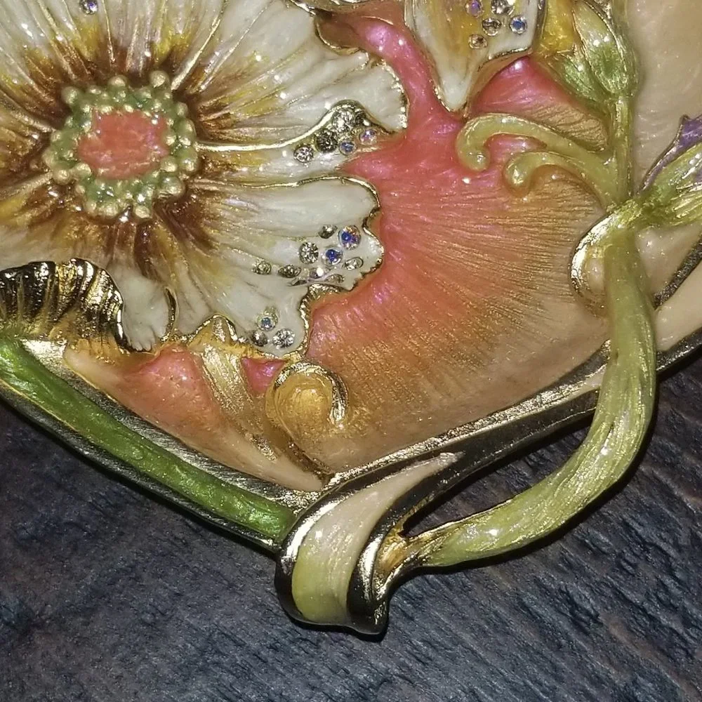 RARE JAY STRONGWATER LILY FLORAL LEAF ENAMEL CRYSTAL JEWELRY DISH TRINKET TRAY